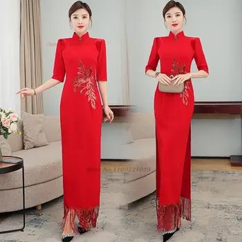 2024 austrumu uzlabota qipao ķīnas valsts ziedu izšuvumi pušķi kleita cheongsam kleita elegantas vakara kleitas vestido
