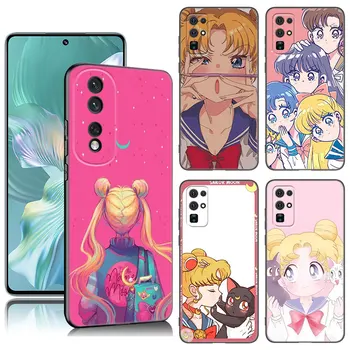 Anime Sailor Moon Melnais Tālrunis Gadījumā, Huawei Honor 70 90 Lite X40 GT X50 man X5 Plus X6A X6S X7A X8A X8B X6 X7 X8 X9 4G X9A X9B
