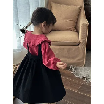 Bērnu Apģērbu 2023 Rudens Jauns Kokvilnas Krekls Meitenēm Temperaments korejiešu Stilā vienkrāsainu Kreklu, Kleitu, Divas Gabals, kas