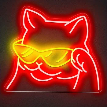 Cool Zivju Kaķis Neona Zīme, Sienas Dekori Smaidošu Kaķi ar Brillēm Kaķis Neona Telpu Dekorēšana, Guļamistaba Apdare, LED Gaismas Sloksne Dāvanas
