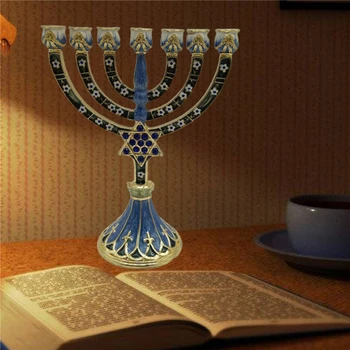 Hanukkah Emaljas Menorah Ebreju Bejeweled Izpušķot Svece Īpašnieks Svečturi ar Dārgakmeņu Akcenti Svečturis Reliģisko Dekori