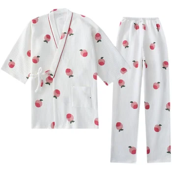 Japāņu Tīras Kokvilnas Gaisa Slāņa Kokvilnas Kimono Pidžamas sieviešu Rudens Un Ziemas Bieza Siltas Bikses mežģīnes-up Zaudēt Mājas apstākļos