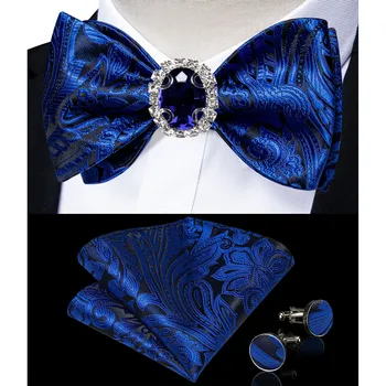 Klasiskās Royal Blue Paisley Bowtie Lakatiņu aproču pogas Gredzens Broša noteikti Cilvēks Smokings Biznesa Puse Kāzu Modes Tauriņi