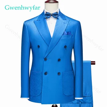 LA Suits Veikalā High-end Kostīmi Vīriešu Modes Uzšūtas Kabatas Dizaina Zila Žakete Dubultā Krūtīm, Maksimālā Atloks Līgavainis Kāzu Tuxedos