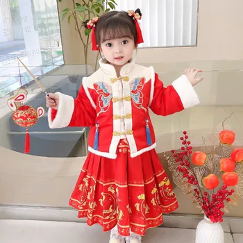 Meiteņu Hanfu jaungada Apģērbu Bērniem ir Silts Cheongsam Ķīnas Tang Uzvalks Mazulis Ziemas Plus Samta Gudrs Izšuvumi Puse Kleita