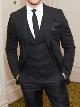 Melnā Biznesa Puse kleita Vīriešu Uzvalki Dubultā Krūtīm, Formālā Stila Pasūtījuma izgatavotu Kāzu Līgavainis Tuxedos (Jaka+Bikses+Veste)