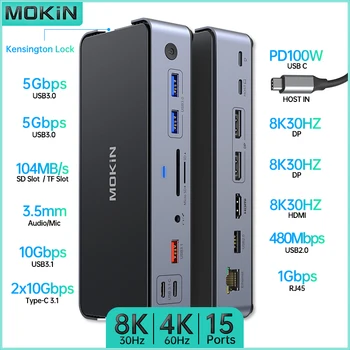 MOKiN 15 1 dokstacija par MacBook Air/Pro, iPad, Thunderbolt Klēpjdatoru - Dual Kanāli 4K60HZ, USB2.0, HDMI 8K30Hz, PD 100W