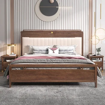 Privātā pasūtījuma Riekstkoka masīvkoka gulta, divguļamā gulta modernā minimālisma gaismas luksusa guļamistaba mēbeles uzglabāšanas kāzu gultas
