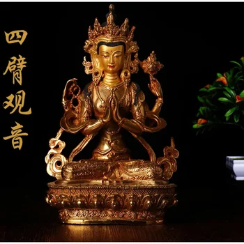 reliģisko Budas attēls # MĀJĀM iedarbīgu Talismans Māja Aizsardzības 22 cm Tibetas Apzeltīts Shadakshari Avalokitesvara Budas statuja