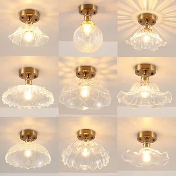 Retro LED Stikla Griestu lampas Ziemeļvalstu Misiņa Ziedu Eju Dekoru Ķermeņi, Dzīvojamā Istaba, Koridors, Balkons, lampa Mājas Apgaismojums Spīdumu