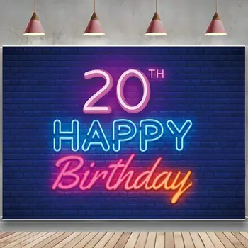Spīd Neona Laimīgs 20. Dzimšanas dienas Fons Banner Black Krāsains Kvēlojošs 20 Gadus Vecs, Dzimšanas dienas svinības Motīvu Rotājumi Zēni Meitenes