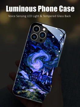 Van Gogs Pils LED Gaismas Kvēlojošs Gaismas Rūdīts Stikls Phone Gadījumā OnePlus 6 6T 7 7T 8 8T 9 9R 10 Ace Nord 2 N10 N200 Pro