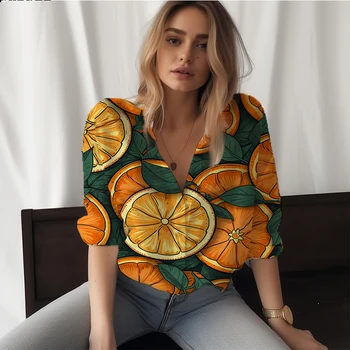 Vasaras, jaunas dāmas krekls citronu, apelsīnu 3D iespiesti dāmu krekls augļu ikdienas stila dāmas krekls modes tendence sieviešu krekls