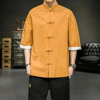 Vīriešu Ušu Krekls Ķīniešu Stilā Vasaras Gongfu Top Piecelties Apkakle Pusi Piedurknēm Ķīnas Tang uzvalks Pretbloķēšanas krekls, Mētelis