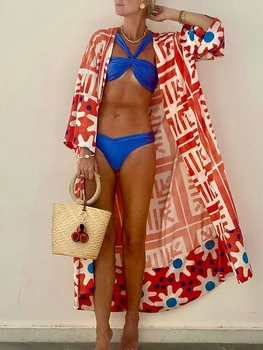 Zila Sievišķīga Sajūta Beach Brīvdienas Saules, Peldēšanās Bikini Kakla Dizaina Sadalīt Vidukļa Un Saskaņošanas Ilgi, Aizkaru Krāsu Kontrastu 2023